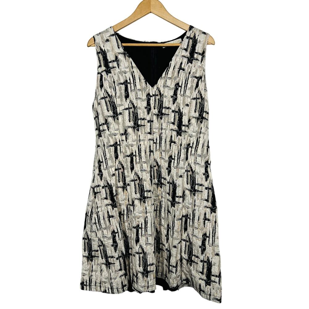Everleigh Foil Sheath Dress Sleeveless V Neck Career Casual Black Gold - L